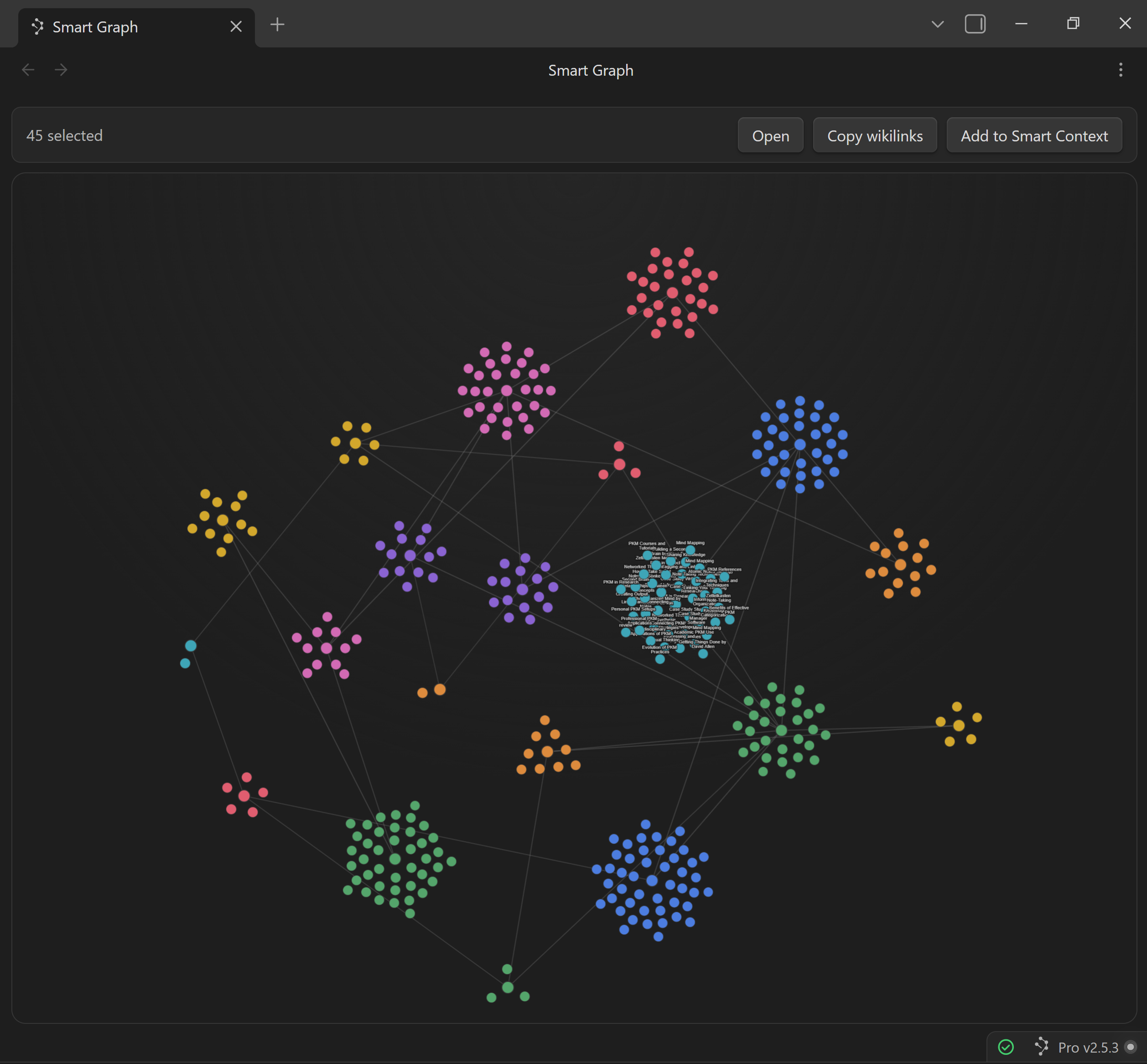 Smart Graph in Obsidian showing colored clusters of related notes connected by sparse bridge edges