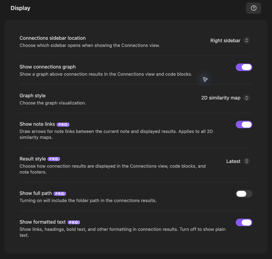 Connections Display settings with separate graph controls, Latest result style, and formatted-text options