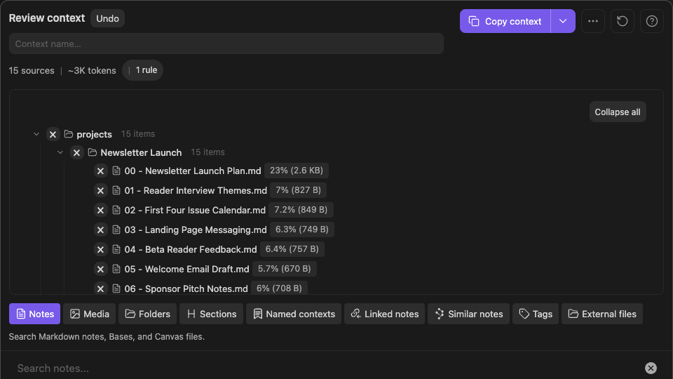Full Smart Context screenshot showing selected sources available for review and copying.