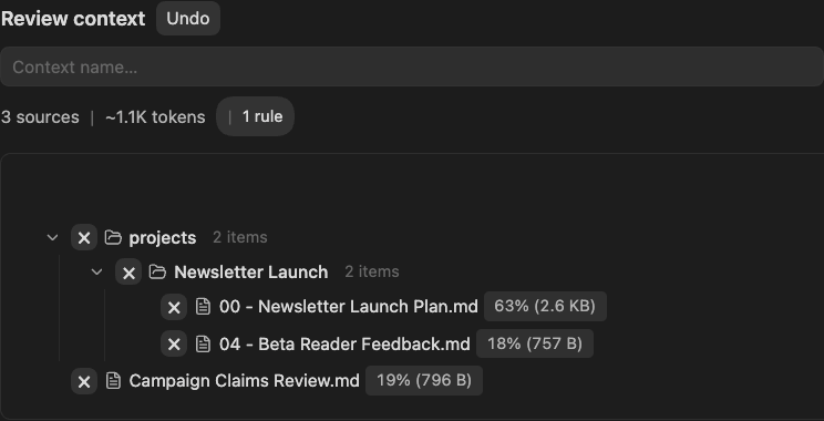 An unnamed Context Builder review contains Beta Reader Feedback, Newsletter Launch Plan, and Campaign Claims Review, with three sources, about 1.1K tokens, and one rule.