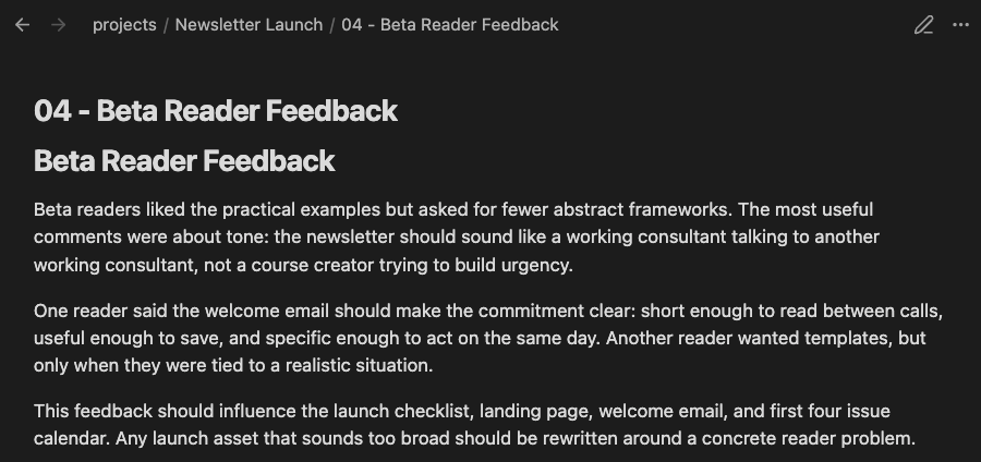 The opened Beta Reader Feedback note shows its projects / Newsletter Launch path and readable reader-feedback passage.