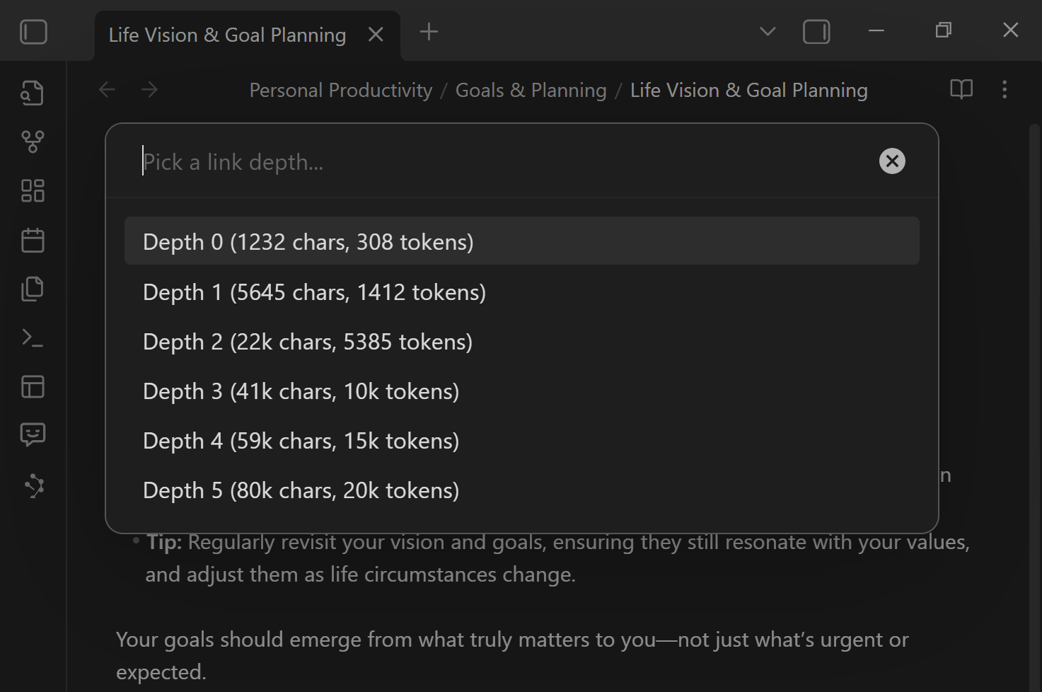 Select link depth modal