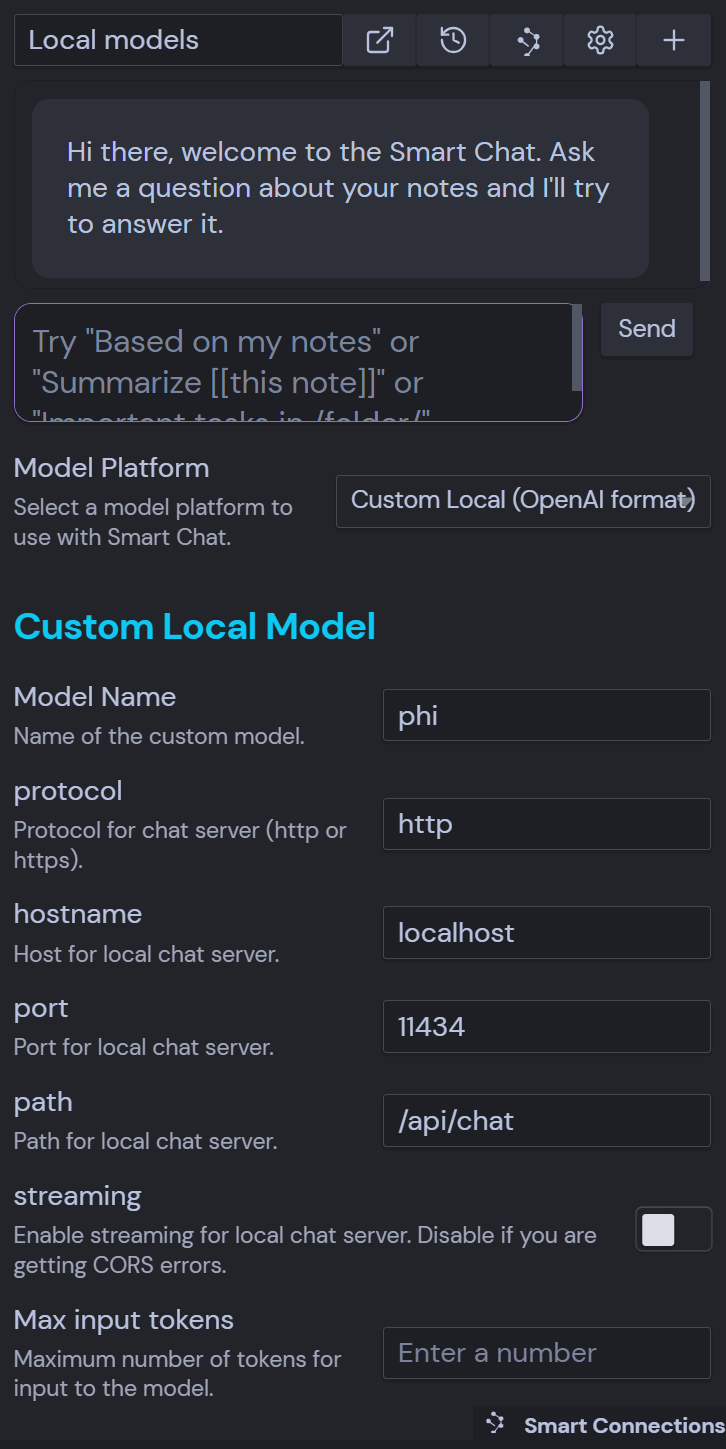 Local model settings configured for Ollama viewed from the Smart Chat
